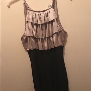 Short black and pastel tan dress.